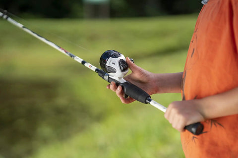 Youth Spincast Fishing Rod And Reel Ike Dude 5 Foot 6 Inch 2 Piece Easy To Learn Kid Friendly Combo with Pre Spooled 8 Pound Line in hand