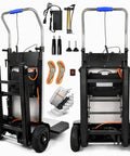 Heavy Duty Electric Stair Climbing Dolly with 1250W Motorized Power Cart and Telescopic Handle displayed with accessories and features.