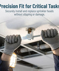 Top Shelf Heavy Duty Steel Fire Sprinkler Wrench For Recessed Heads in use, securely installing a sprinkler head overhead.