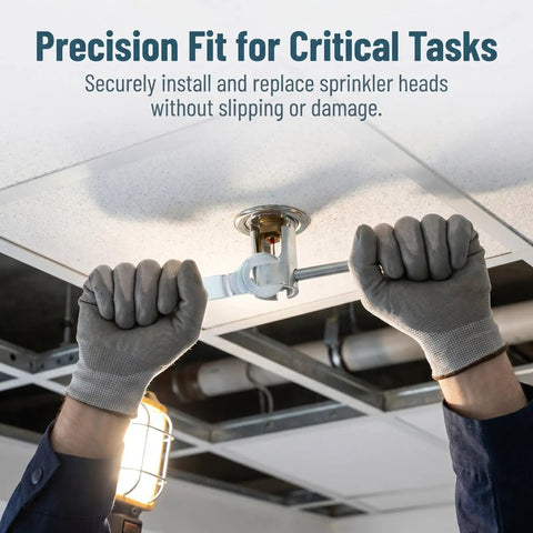 Top Shelf Heavy Duty Steel Fire Sprinkler Wrench For Recessed Heads in use, securely installing a sprinkler head overhead.