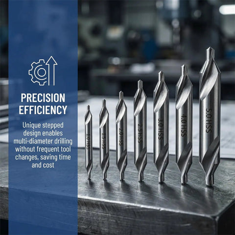 Top Shelf 7 Piece Center Drill Bit Set Crafted From Heavy Duty M2 High Speed Steel With A Sharp 60 Degree Countersink Design Ideal For Lathe Work And Shop Metalworking Tasks Featuring A Dead Reliable Range Of Exact Hole Sizes Included, displaying sizes from 2.0mm to 6.0mm
