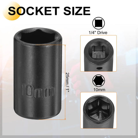 Premium Cr-V Steel 10mm Shallow 6-Point Impact Socket With 1/4 Inch Drive, 25 Mm Depth Plus Extra Long Hex Shank Adapter For Tight Spots And Bolt Removal Jobs, 10mm socket close-up