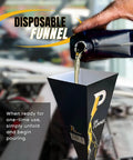 5 Quart 20W-50 Hydrostatic Transmission Fluid Change Kit pouring oil using disposable funnel over engine