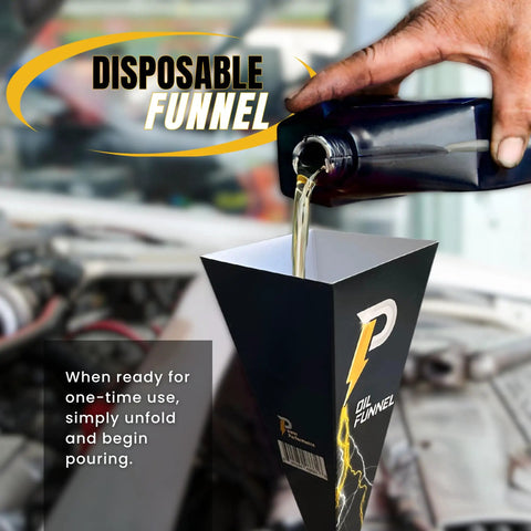 5 Quart 20W-50 Hydrostatic Transmission Fluid Change Kit pouring oil using disposable funnel over engine