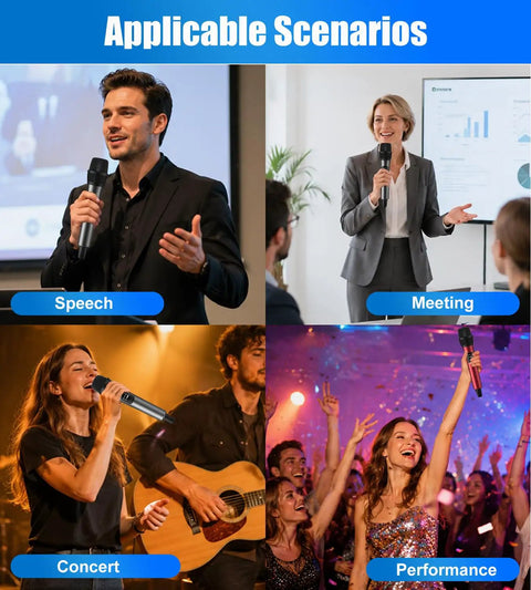 Men and women using Ultra Long Range Wireless Microphone System With 262Ft Stable Transmission And 40Hour Battery at events.