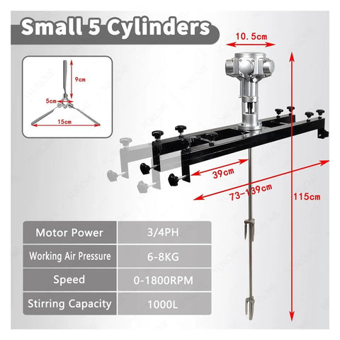 Heavy Duty Industrial Air Agitator Paint Mixer With Half Horsepower And Three Quarter Horsepower And One Horsepower Options Cuts Mixing Time By Eighty Percent For Auto Shops Paper Mills Wineries And Dye Factories Compact Five Cylinder Design in compact five cylinder layout with dimensions shown
