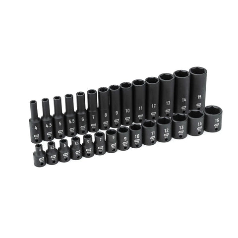 28 Piece One Quarter Inch Drive Six Point Impact Socket Set Metric Standard And Deep Sockets Off Corner Loading