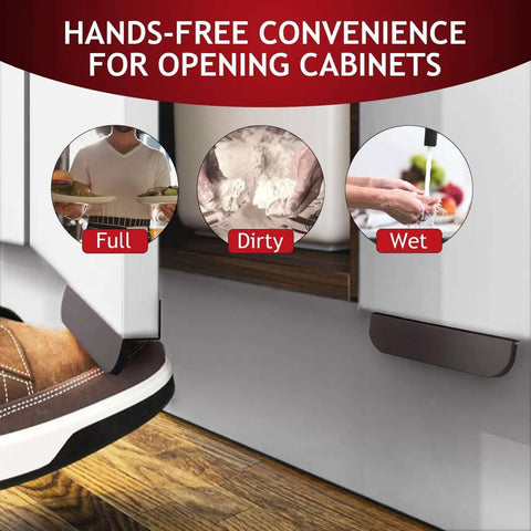 Under Cabinet Foot Pull With Thick EVA Pads Hands Free Toe Opener for kitchen trash cabinets, shown in use on wooden floor.