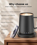 14 Oz Self Heating Coffee Mug With Quick Rechargeable Battery on a wooden table, showcasing its smooth design and smart temperature control features.