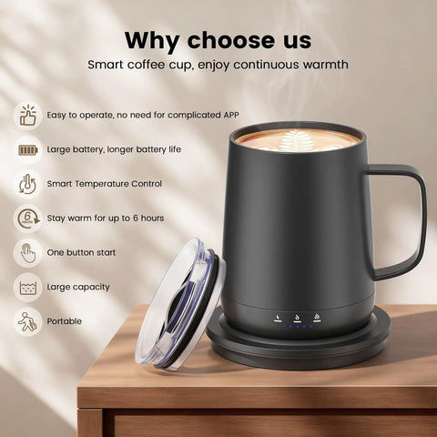 14 Oz Self Heating Coffee Mug With Quick Rechargeable Battery on a wooden table, showcasing its smooth design and smart temperature control features.