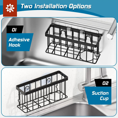 Kitchen Sink Sponge Holder Caddy With Suction Cups And Adhesive Strips Space Saving Organizer in black, shown in two mounting options.