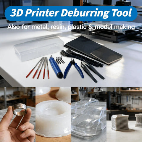 Beast 23 In 1 Deburring Kit For 3D Printing With Four Blades And Diamond Files Set on table with tools and plastic models