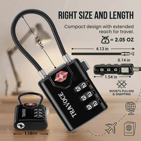 TSA Approved 3 Digit Combination Cable Locks, Heavy Duty 4 Pack with dimensions, black color and red search alert for travel security.
