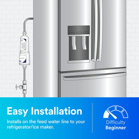 Diagram of easy installation for an Inline Water Filter For Refrigerators Ice Makers And Drinking Fountains That Cuts Chlorine Taste And Odor