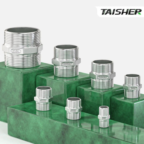 Legit Heavy Duty 316L Stainless Steel Hex Nipple Pipe Fitting Featuring 3/4 Inch Male Npt Dual External Threads displayed in various sizes.