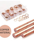 Red Copper Crush Washer Kit 200 Pcs Assortment With 9 Sizes For Oil Plugs Sealing Set in clear box with copper rods