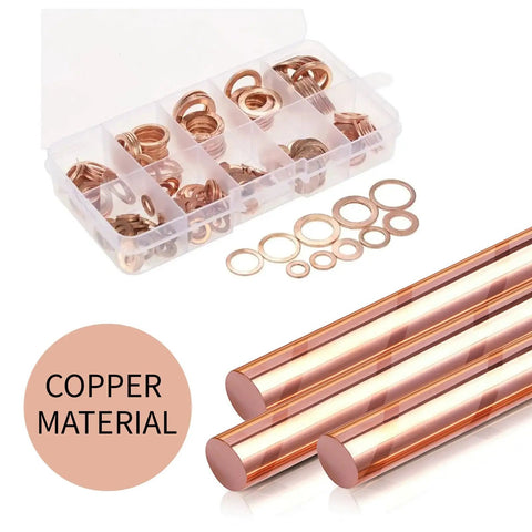 Red Copper Crush Washer Kit 200 Pcs Assortment With 9 Sizes For Oil Plugs Sealing Set in clear box with copper rods