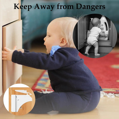 Image of a toddler attempting to open a cabinet with a 10 Pack Magnetic Baby Safety Cabinet Locks For Cabinets And Drawers, Invisible Child Proofing Locks, No Drill Tool Free Install, Strong Adhesive, Easy Peel And Stick, Keeps Curious Toddlers Safe Behind Doors system installed.