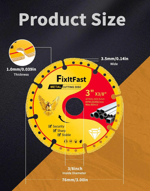 FixltFast diamond metal cutting disc for angle grinders, yellow with red label, 3-inch diameter, 3/8-inch arbor