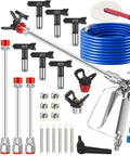 Heavy Duty Airless Paint Sprayer Gun Kit With 3600 PSI And A 50 Foot High Pressure Hose with various tips and accessories.
