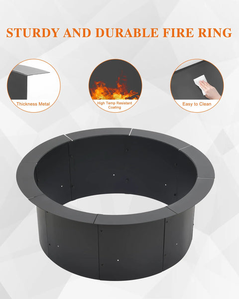 36 Inch Heavy Duty Fire Pit Ring For Outdoor Wood Burning And Campfires, Durable Metal Round Fire Pit For Backyard Patio And Camping, Heat Resistant Coating Protects Bricks And Surroundings, Easy DIY Setup; black iron structure