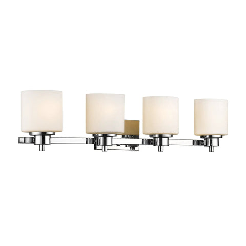 4-Light Chrome Bath Vanity Wall Fixture With Alabaster Glass Shades And Etched Details 33-Inch Wide White Finish Hardwired