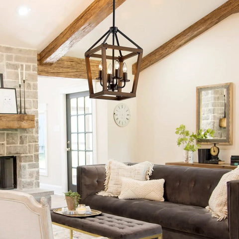 Rustic Farmhouse 4 Light Pendant Chandelier With Imitation Oak Wood Grain in a cozy living room, showing open cage design.