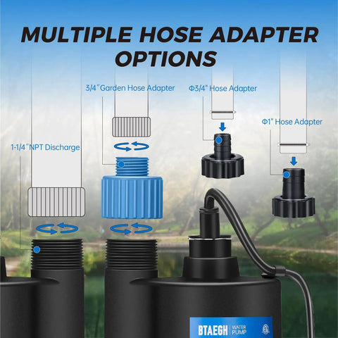 One Third HP Submersible Water Pump 2400 GPH Portable Thermoplastic Sump Pump for Pools Basements Gardens Ponds hose adapters