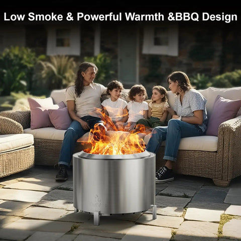 Smokeless 27 Inch Stainless Steel Fire Pit for outdoors with family seated around enjoying low smoke design and warmth