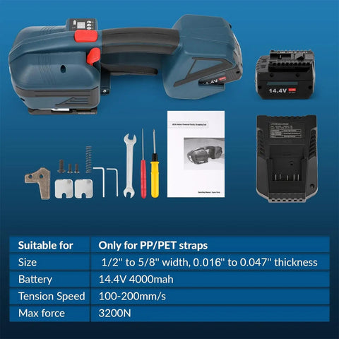 Hassle-Free Heavy Duty Handheld Electric Strapping Baler For Warehouse Logistics Teams With Digital Tension Adjustments And Quick Friction Welding Automatic Strap Sealer Tool with battery and accessories.