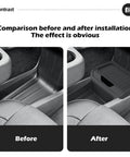 Before and after showing installation of Tesla Model Y Juniper Standard Center Console Organizer Set.