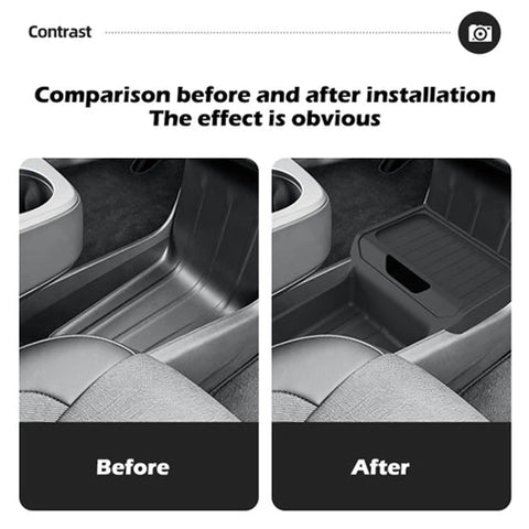 Before and after showing installation of Tesla Model Y Juniper Standard Center Console Organizer Set.