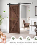 36x84 Inch Spruce Solid Wood Sliding Barn Door Slab In Coffee Finish With 6.6ft Hardware Kit And Handle K Shape Easy DIY Assembly Durable Craftsmanship Featuring Clear Wood Grain For Home Renovation And Modern Interiors in a living room setting with light furniture and decor.