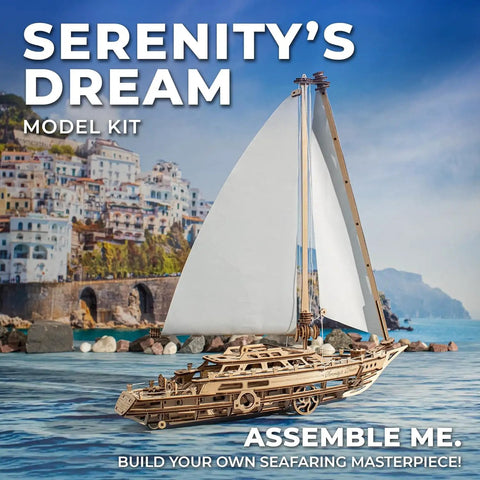 Serenity's Dream Model Yacht Kit Wind Up 3D Wooden Puzzle For Adults DIY Sailboat Model 17.3 Inch Tall Hands On Mechanical Boat Craft For Enthusiasts Great Gift, wooden sailboat on water