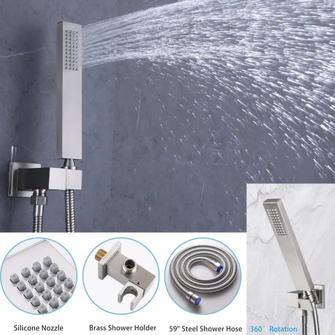 WHSHOWER Brushed Nickel Dual Rain Shower System Bathroom Shower Faucet Set with handheld shower and 360° rotation feature.