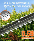 Close-up of 20V Cordless Hedge Trimmer With 15.7 Inch Hardened Steel Dual Action Blades cutting through shrubs.