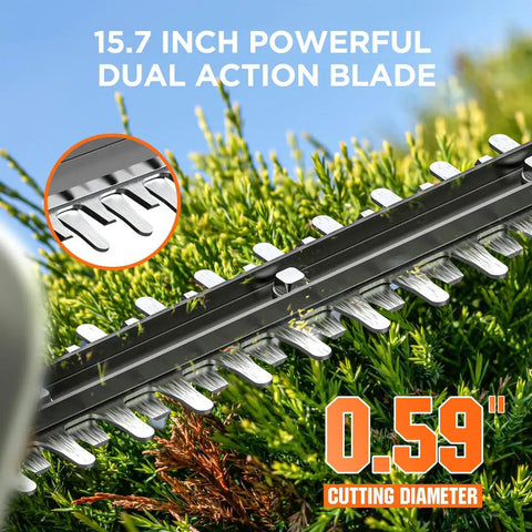 Close-up of 20V Cordless Hedge Trimmer With 15.7 Inch Hardened Steel Dual Action Blades cutting through shrubs.
