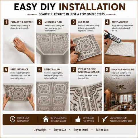 Installation steps for Drop In 2x2 Ceiling Tiles Pack Of 10 PVC Panels With Antique Gold Faux Tin Look