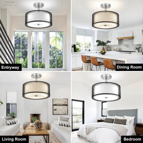 Dope Three Light Industrial Semi Drum Flush Mount Ceiling Light With Dimmable E26 Socket And 15 Inch Double Drum Pendant in rooms