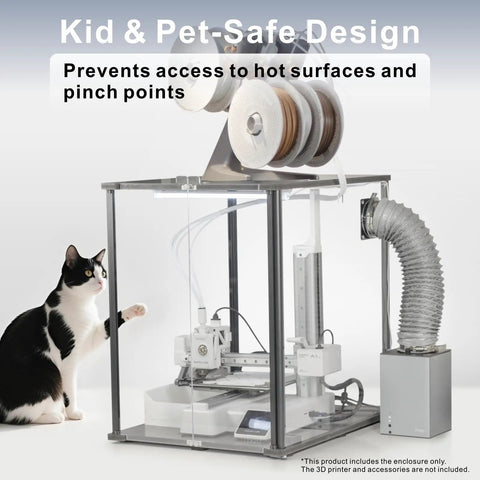 3D Printer Enclosure For Bambu Lab A1 Mini With Fume And Odor Control, showing safe design with cat nearby and ventilation system