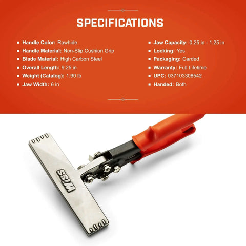 Specifications card for Six Inch Straight Handle Hand Seamer For Sheet Metal Bending And Flattening With Ergonomic Non Slip Grip