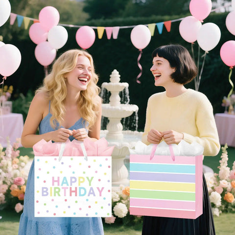 Women holding 2-Pack 13 Inch Large Happy Birthday Gift Bags With Tissue Paper And Greeting Cards For Girls And Women Party Favors