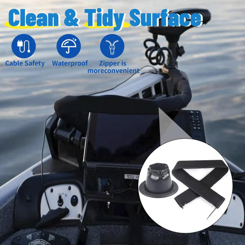 48 Inch Zippered Rigging Sleeve With Marine Cable Boot Diameter 4 And 2 Fifths Inches Universal Fit Yacht Cable Management Kit Waterproof Durable Shield For Steering And Electrical Cables On Boats shown on boat