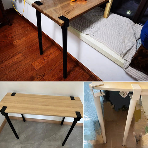 Heavy Duty Adjustable Table Legs With Black F Shaped Clamp Base Quick Slide Setup No Drilling Hassle Durable Floor Guards Included For Solid Diy Desks And Rustic Dining Projects Set Of Four Holds Up To Heavy Lifting Easily, showcased on different tables.