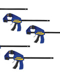 Five blue and black One Handed Bar Clamp Set 12 Inch Medium Duty with swivel jaws, quick change button, and I-beam design in a group.