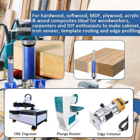 Killer 4Piece Flush Trim Router Bits Set Featuring Rock Solid Carbide Cutters And Dual Ball Bearing Guides That Craft Smoother Than Butter Edges And Flawless Flush Cuts Daily displayed with CNC engraver, plunge router, and edge trimmer.
