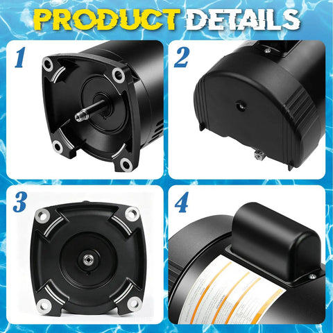 Heavy-Duty 2HP Pool Pump Motor, 230V Single Speed, 56Y Square Flange, 3450 RPMs, detailed angles of motor components.
