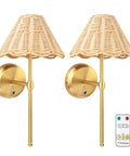 Wireless Boho Rattan Wall Sconce Set of Two, sleek brass finish, touch dimmer, perfect for living room or hallway decor.