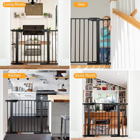 Extra Wide Walk Through Pet Gate With Auto Close Durable Metal Baby And Pet Gate For Stairs And Doorways Forty Point Five Inches Full Width Includes 2 Extension Kits Black shown in various home settings