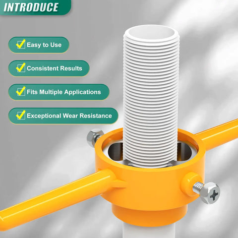 Heavy Duty PVC Pipe Thread Tool Kit With Three Die Set One Half Inch Three Quarter Inch One Inch NPT For PVC Threading displayed with tool in use